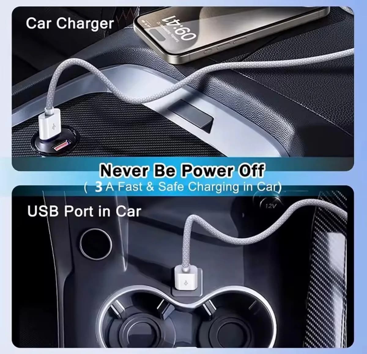 MDKG braided cable charging a phone from a car USB port